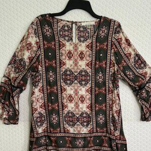 Women’s Fourteenth Place Multicolor Geometric Print 3/4 Sleeve Blouse Size M EUC